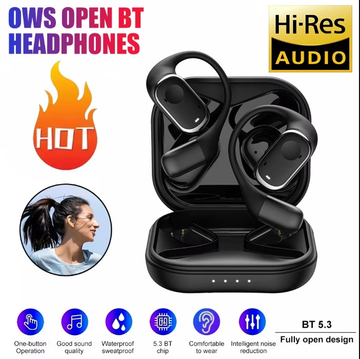 Stable Comfortable Open-ear Bluetooth 5.3 Earphones Bass Boost Hi-Res Sound Wireless Sports Earbuds with Charging Case Stereo Music Headphones