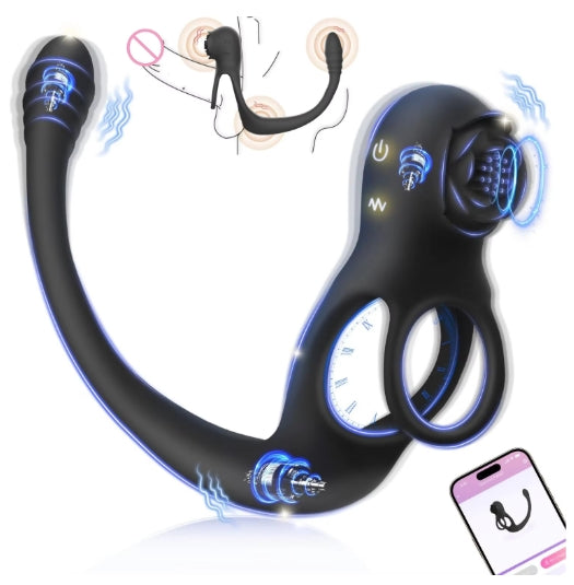 Couples Sharing Fun 4 in 1 Wireless Rose Clitoris Stimulator Delay Ejaculation Penis Ring Prostate Massager