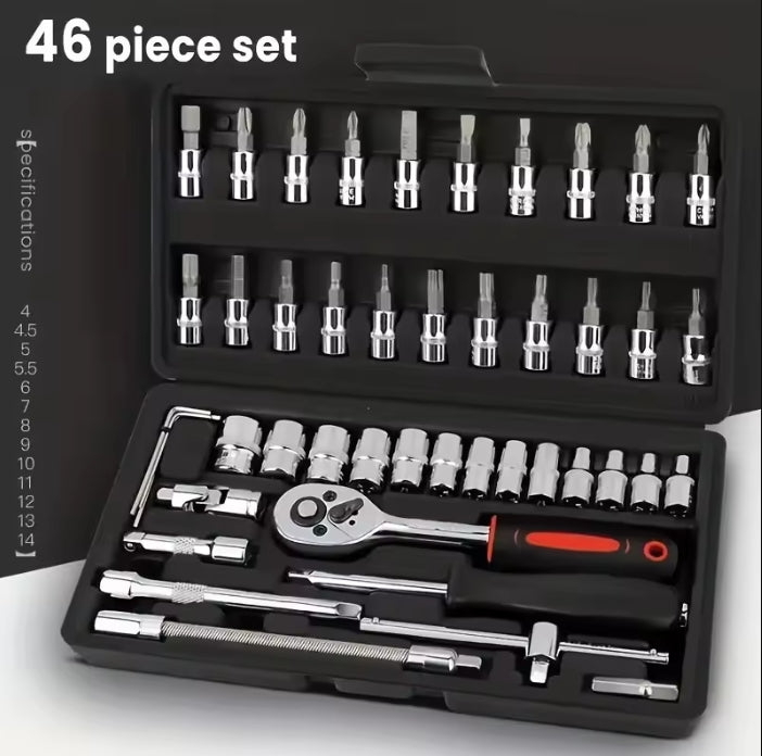 46Pcs Drive Socket Set 1/4 inch Ratchet Wrench Set Sockets Metric Hex Bit Socket Set Mechanic Tool Kit for Auto Repair Hous