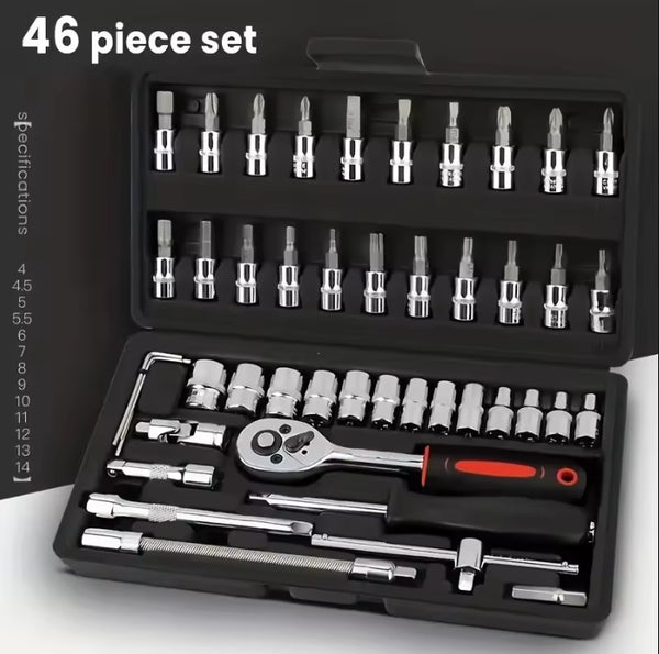 46Pcs Drive Socket Set 1/4 inch Ratchet Wrench Set Sockets Metric Hex Bit Socket Set Mechanic Tool Kit for Auto Repair Hous