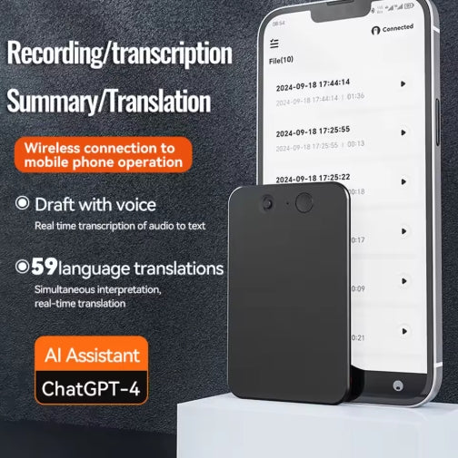 AI Intelligent Summary Voice Recorder Ultra Thin Language Translation APP Programmable Dictaphone for Conference Interview