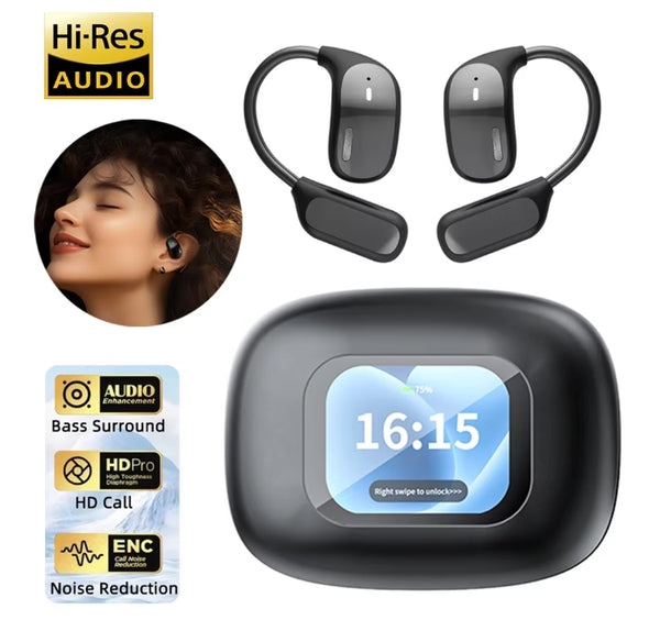 Wireless Bone Conduction Earphones Full-color LCD Touch Screen Charging Case Open Ear Headphone Noise Cancellation Bluetooth Headset Earbuds