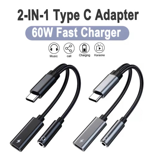 2-in-1 Usb C To 3.5mm Headphone And Charger Adapter Usb Type C To Auxiliary Jack With Pd 60w Fast Charging For Samsung iPhone 15