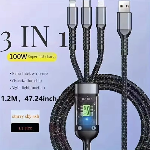3-in-1 100W Super Fast Charge Data Cable Typec Micro Android Lightning Mobile Phone for iPhone Huawei Samsung Xiaomi