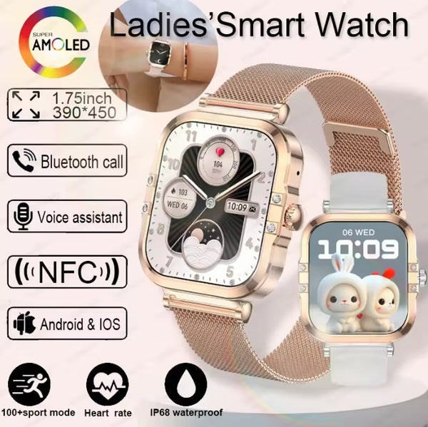 Luxury Diamond Smartwatch Health Monitoring NFC 1.75 inch HD AMOLED Screen GPS Tracking Women Men Waterproof Sports Watches