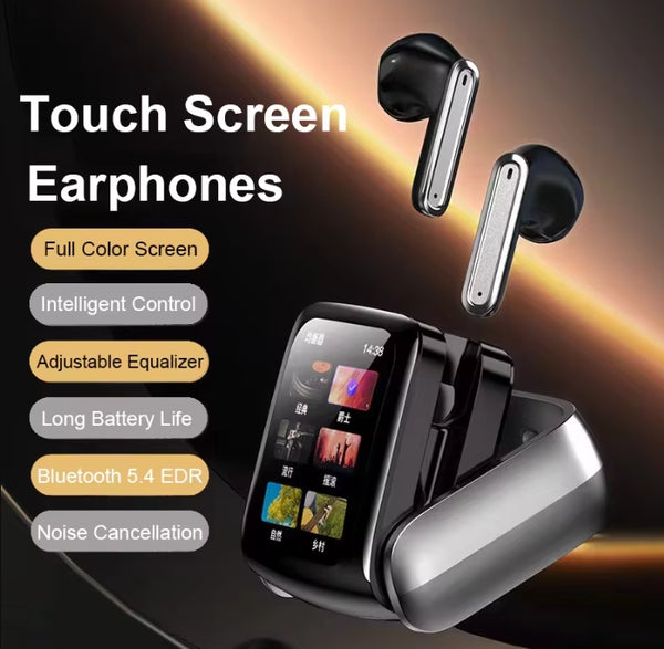 Touchscreen Bluetooth Headphones Color Screen Noise Cancelling Long Battery Life Wireless Earbuds for Sports Running Travel