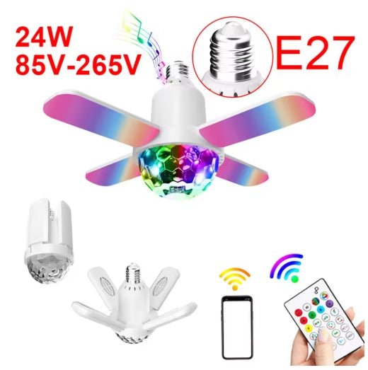 E27 LED Four-leaf Music Colorful Lamp Bluetooth Sound Control 24W/50W Folding Bulb Lamp Ceiling Fixture Lights With Remote