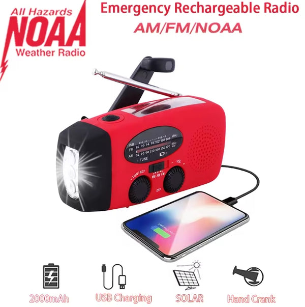 Solar Emergency Radio Hand Crank Dynamo Radio FM/AM/NOAA 2000Mah Phone Charger Power Bank Flashlight SOS