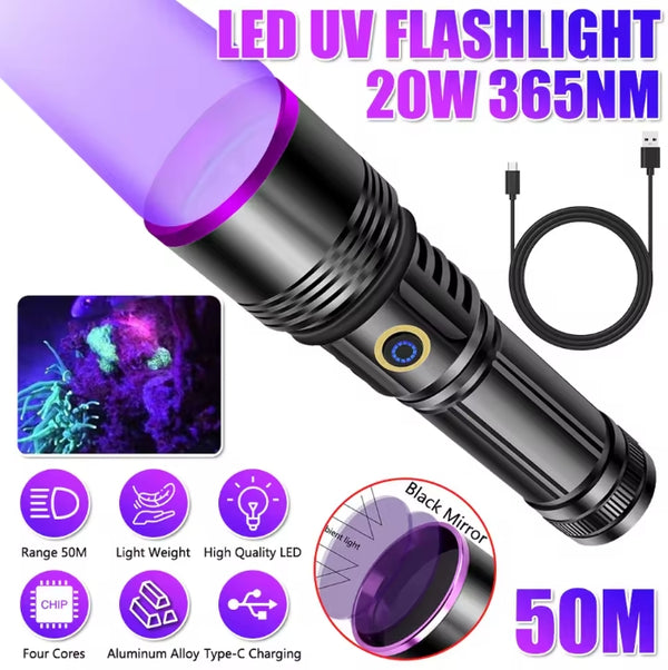 20W High Power 4-Core 365NM UV Black Mirror Flashlight With 3000mah 26650 battery Waterproof Endurance up to 10 hours+ Supports Cell Phone Chargers