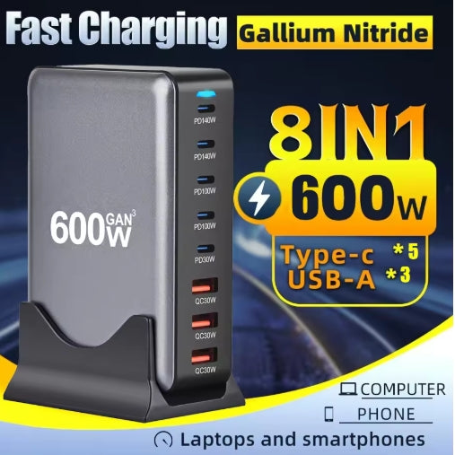 600W GaN 8Ports Super Speed Charger Station 5 USB C and 3 USB Ports Fast Charging Adapter for Cellphones Smartwatches,Tablets and others