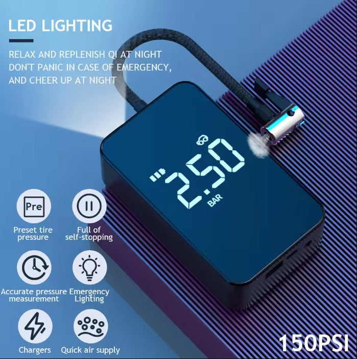 Electric Wireless & Wired Dual use Portable Tire Inflator Pump with Large Digital Display Screen 6000mAh For Car Bike Motorcycle Balls With LED Light