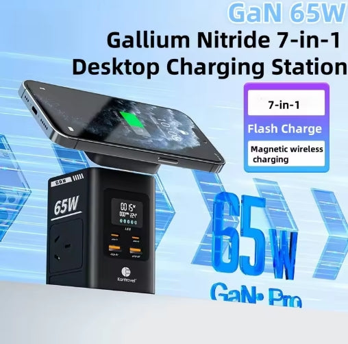 7 IN 1 PD65w Gallium Fast Charging Desktop Station Smart Digital Display With 2 USB,2 Type-C,2 AC and WIRELESS CHARGING
