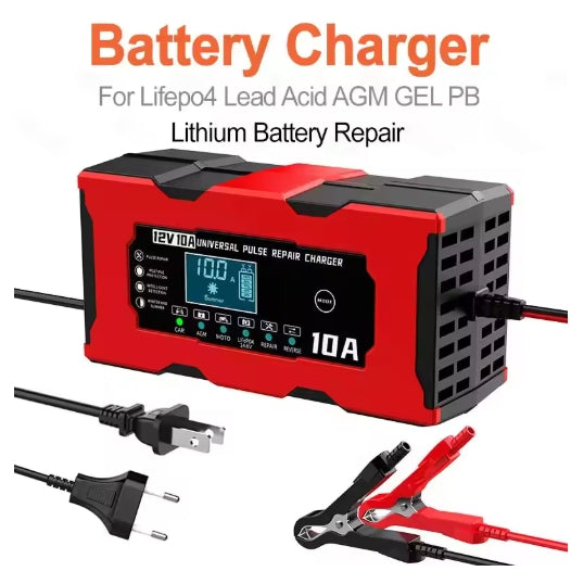 12V 10A Smart Pulse Repair Car Battery Charger 14.6V 10A Electric Motorcycles Charger For Lifepo4 Lead Acid AGM GEL Lithium Battery Repair