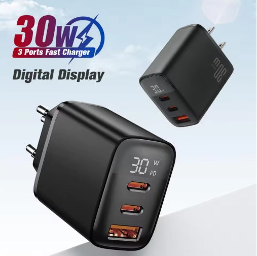 PD30W iPhone 3-Ports Digital Display Fast Charging GaN Charger 2 Type-C and 1 USB Total PD90W For Laptop iPhone Samsung Xiaomi Realme