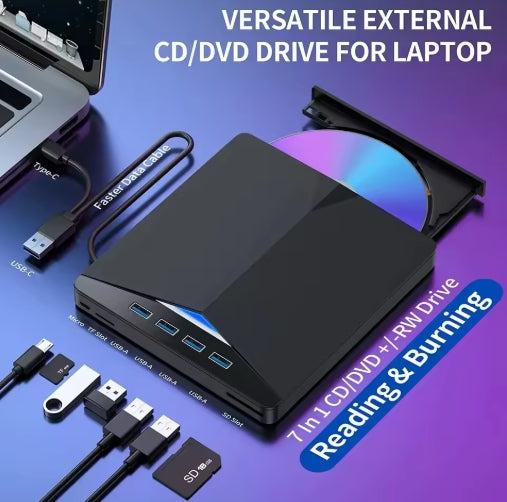 7-in-1 USB 3.0 Type-c External DVD RW CD Drive Burner Reader Player Optical Drive External For PC Laptop Desktop IMacs