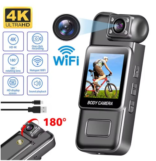 Mini 4K WiFi 180° Flip Camera 1.54 inch Real-time View Screen Camera IR Night Vision Body Camera Handheld Back Clip