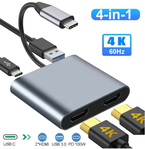 4 IN 1 USB C Hub USB C Docking Station TYPE-C to HDMI 4K USB3.0 PD Fast Charging Dual Screen Extend Display Converter