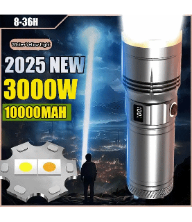 2025 Latest 3000 Watt Dual Light Source White and Yellow Laser Super Bright Flashlight Tactical Aluminum Flashlight Emergency Spotlight
