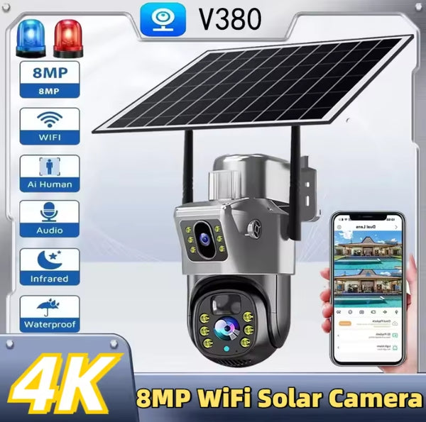 Solar Wifi Dual Lens Outdoor 8MP 4K Camera Low Power Battery IP Camera PIR Night Vision V380 Pro CCTV Security Protection Camera