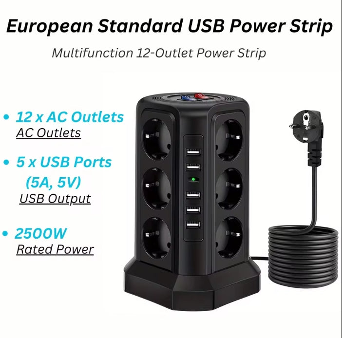 12 Outlets 5 USB Port Tower Multi Tap Outlet Extension Cable Multiple Splitter Socket Electric Slippers with Switch Button Cord Power Strip 2500W EU Plug