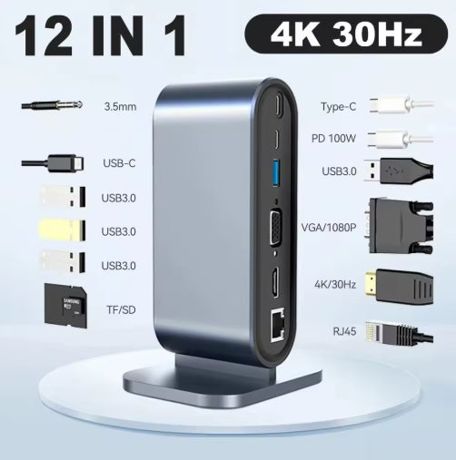 12 in 1 USB C HUB Type C to Multi 4 KHD RJ45 VGA 4 USB 3.0 PD Power Adapter Docking Station for Laptop Samsung MacBooks Windows Hub
