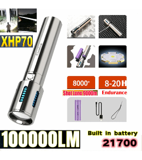High-grade Stainless Steel 100000Lumens XHP70 Tactical Flashlight With 21700 Tesla Li-ion Battery 8-20 Hours High Endurance 9000M Long shot Waterproof