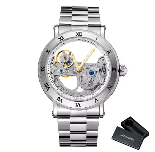 Luxury Genuine Mechanical Watches Golden Bridge Skeleton Automatic Mens Watch Carved Movement Luminous Hand