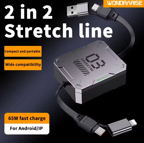 2-in-2 Retractable Multi PD65W Fast Charging Cable, Support USB-A to Lightning, USB-A to Type-C, Type-C to Type-C, Type-C to Lightning