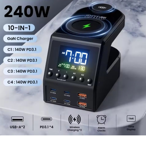 240W 10-in-1 GaN Multi-Function Smart Charging Station and Digital Clock 4 USB Type C+2 USB+2 Wireless Charging+Digital Clock