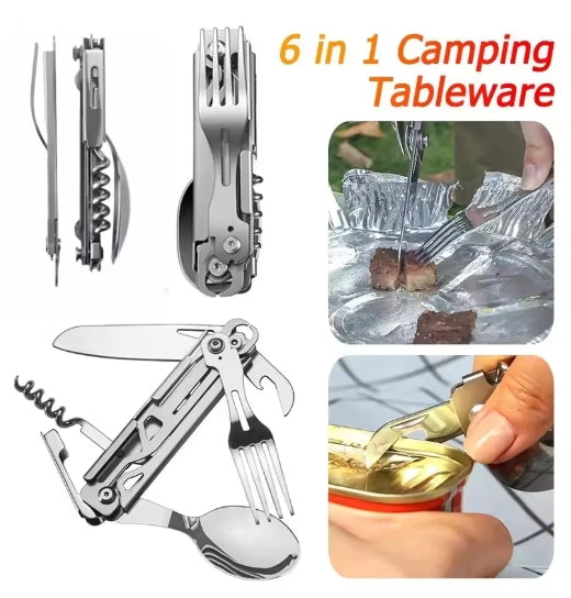 Multifunctional Cutlery Set Portable Folding Camping Tableware Stainless Steel Knife Fork Spoon Can Opener Outdoor Equipment