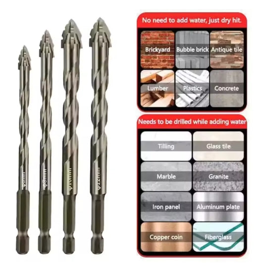 4Pcs Four-Edged Serrated Eccentric Drill Bit Set For Ceramic Tile/Glass/Marble Concrete Hex Skewed Head Drill Bit