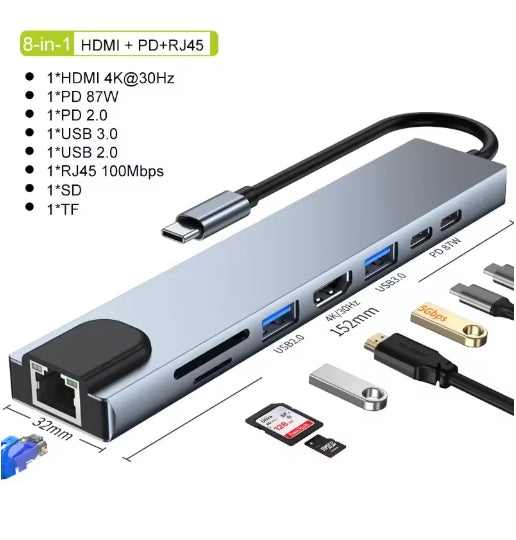 8 in 1 Type C Hub USB C 8 In 1 USB3.1 To 4K HDMI Adapter with RJ45 SD/TF Card Reader PD Fast Charge For Laptop Computer