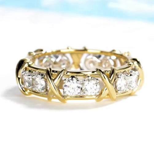 Handmade Diamond 18K Gold Full Ring Premium X-Shaped Two Tone Ring