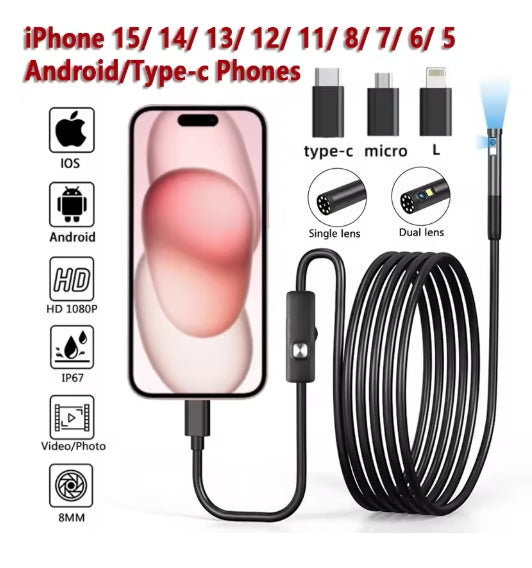 5Meters Hardwire 8mm 1080P Endoscope Inspection Device Camera For Apple iPhone iPad Android Phone Type C/IOS/Mrico USB