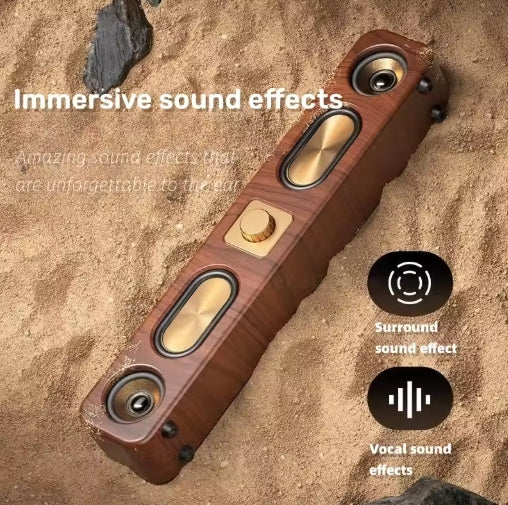 Portable Wireless High-end Retro Wood long strip Four Horn Portable Subwoofer 12D sound effects FM Reception Voice Call TF Card USB AUX