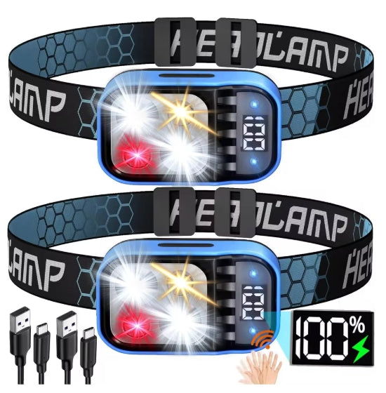 2Pcs 20000lm Super Bright XPG+COB Lamp Beads Sensor Headlamp Bright LED White Red Light Waterproof Battery Indicator