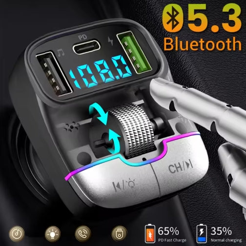 FM Transmitter Bluetooth 5.4 Hands-Free Portable Car AUX Radio Modulator MP3 Player with Fast Charging Adapter