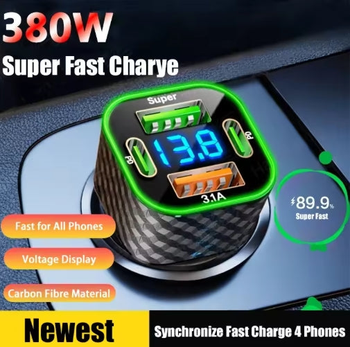 380W Car Charger Type C Dual PD 4-in-1 with Voltage Display Super Fast Charging Adapter For iPhone Samsung Xiaomi