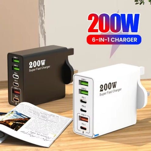 200W 6 Ports Fast Charger 3USB+3Type-C PD USB Charger Quick Phones Charge Adapter For iPhone Samsung Huawei EU/US/UK Plug Wall Adapter