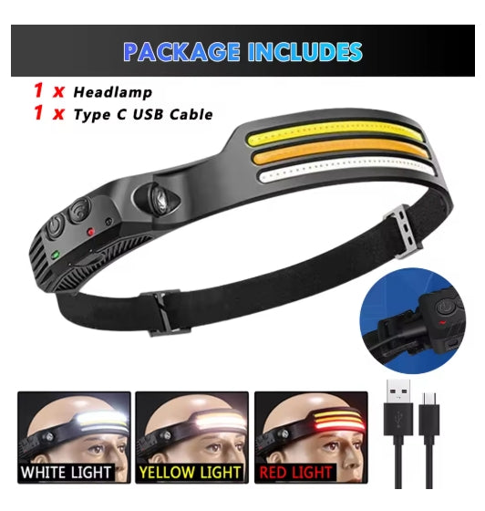3-light Source White/Yellow/Red Light Infrared Motion Sensor Headlamp USB Rechargeable Headlamp 10 Modes Waterproof Headlamp