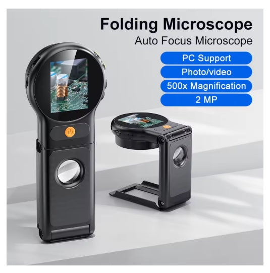 2‘’ Digital Folding 500X Autofocus Microscope Zoom Magnifying Glass with Light Can Take pictures Video Record and Measure USB Electronic Microscope With 32GB Card