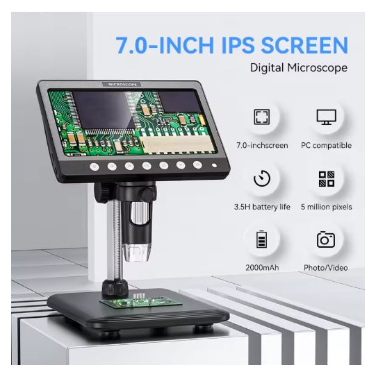5MP 7Inch IPS Digital Microscope 1200X Magnification HD Coin Microscope with 8 LEDs Soldering Microscope for Electronics PCB Repair
