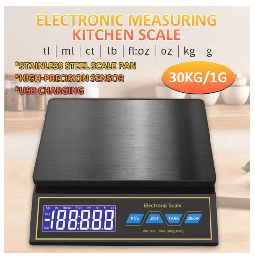 30kg/1g Digital Kitchen Scale Household Electronic Food Scale Rechargeable LCD Display Weighting Balance with Counting Function