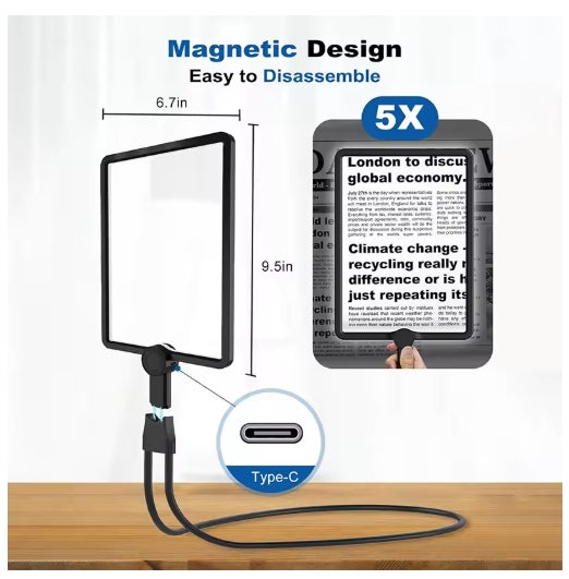 3-in-1 Hanging Neck/Handheld/Desktop 5X Large Screen Magnifying Glass with LED Lights for Reading Sewing Jewels Repair Rechargeable