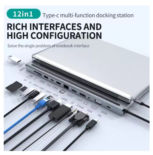 12 in 1 Type C Multi Hub Extension Laptop Stand 4K HDMI, DP, VGA, USB3.0,SD/TF reader,100W PD,3.5mm audio,and RJ45 Ethernet for Macbook Mac Sumsang Dell Laptop