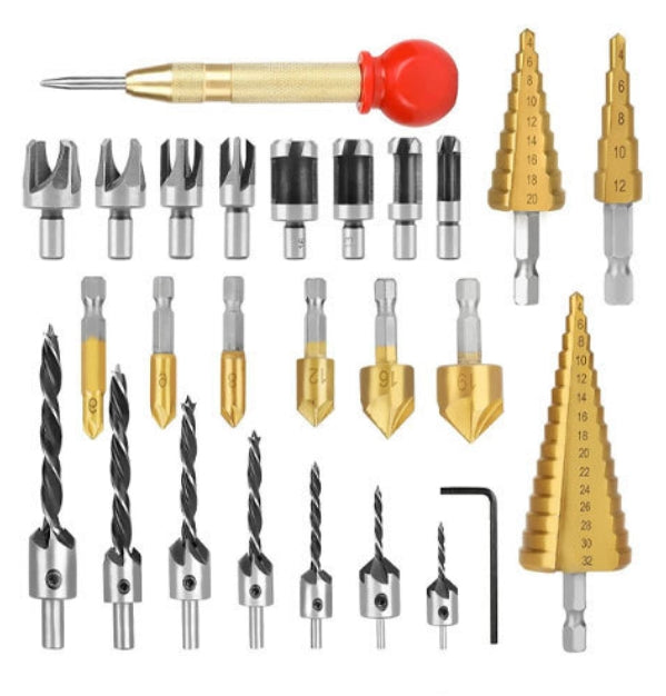 26Pcs Woodworking Chamfer Drilling Tools Step Drill Bit Countersink Drill Bit Wood Plug Cutter Center Punch Metal Hole Cutter