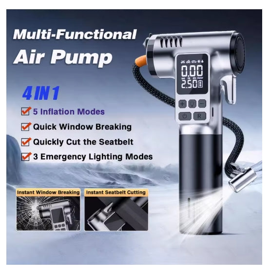 Multifunctional Car Tire Inflator Electric Air Pump Wireless Air Injector Portable Air Compressor for Tyre Motorcycle Bike Ball with Safety Hammer and Seat Belt Cutter