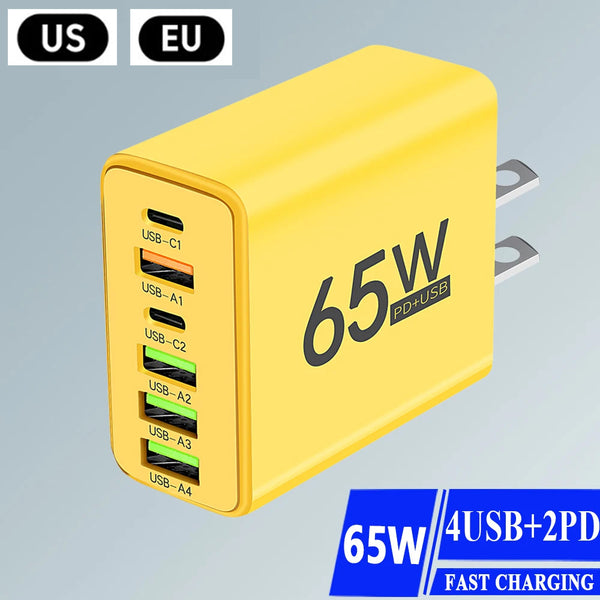 PD65W 6 Ports Fast Charger USB+Type C GaN Charger with 4USB and 2PD Type-C Charger US/EU/UK Plug