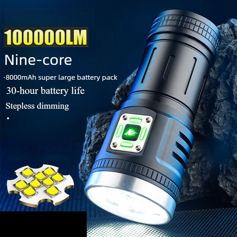 100,000-Lumen Infinitely Adjustable Ultra-Bright Nine-Core Explosion-Proof Torch -  Features 8000mAh Rechargeable Lithium Battery with 30-Hour Run Time Focus Beam Ignition Capable Drop-Proof and Waterproof Outdoor Emergency Spotlight