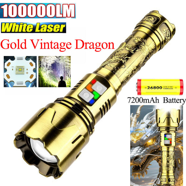 Gold Vintage Dragon Pattern Zinc Alloy White Laser 100,000LM High-Intensity Torch｜7200mAh 26800 Lithium Battery｜Type-C Fast Charging｜Extendable Zoom｜Five-Level Dimming｜Ultra-Bright Mode｜Torrential Rainproof｜Camping & Adventure Emergency Torch